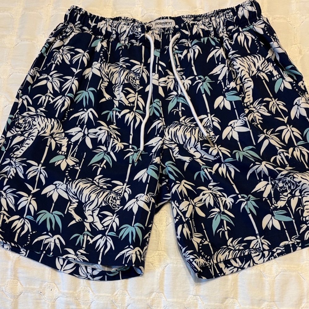 Mosmann Australia Navy Tiger Print Swim Trunks